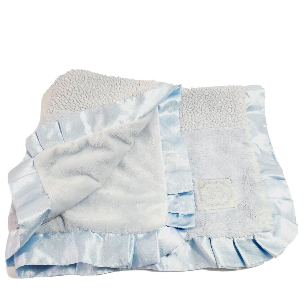 Cutie Pie Baby Blue Fleece Sherpa Minky Pattern 21" Satin Security Blanket